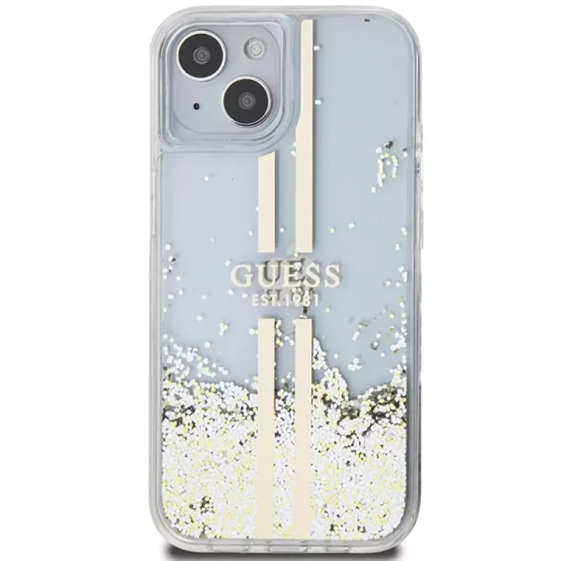 Guess GUHCP15MLFCSEGT iPhone 15 Plus / 14 Plus 6,7 inch läpinäkyvä kova kuori Liquid Glitter Gold Streifen