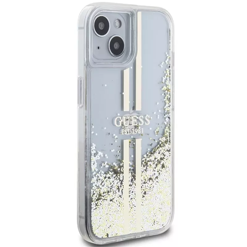 Guess GUHCP15MLFCSEGT iPhone 15 Plus / 14 Plus 6,7 inch läpinäkyvä kova kuori Liquid Glitter Gold Streifen