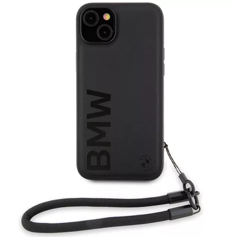 BMW Signature Leather Wordmark Cord Hard Case iPhone 15 Plus / 14 Plus 6,7 inch - musta