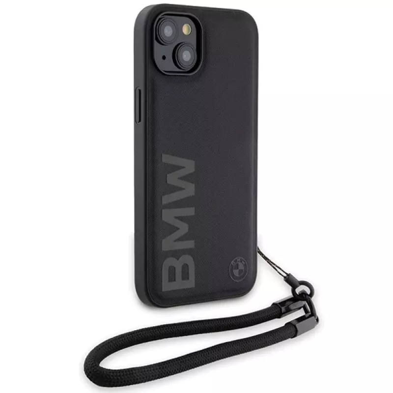 BMW Signature Leather Wordmark Cord Hard Case iPhone 15 Plus / 14 Plus 6,7 inch - musta