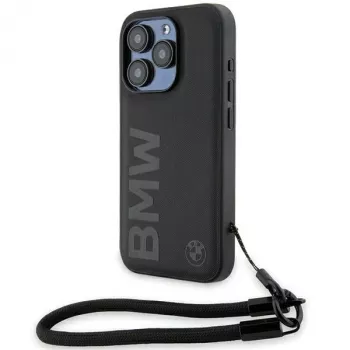 BMW Signature Leather Wordmark Cord Hard Case iPhone 15 Pro 6.1 musta