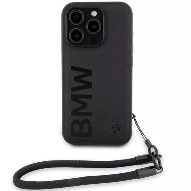 BMW Signature Leather Wordmark Cord Hard Case iPhone 15 Pro 6.1 musta