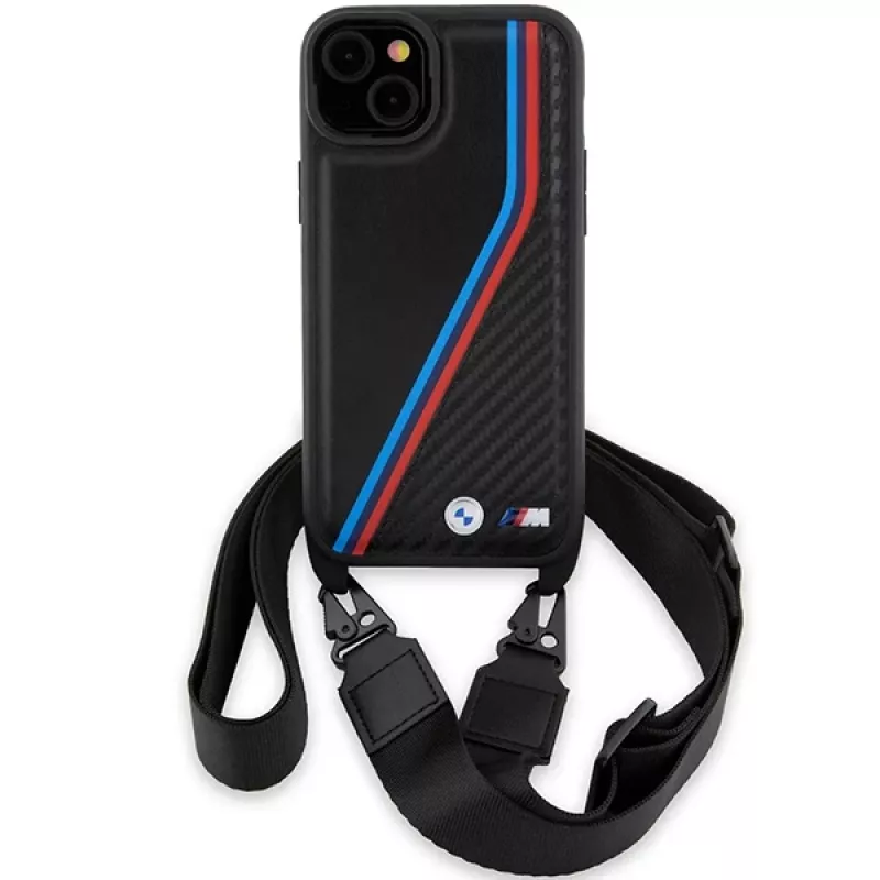 BMW BMHCP15S23PSVTK iPhone 15 / 14 / 13 musta Hardcase M Edition Carbon Tricolor Lines & Strap