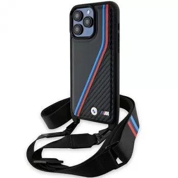 BMW M Edition Carbon Tricolor Lines Hard Case rannekkeella Apple iPhone 15 Pro Max 6,7 inch musta