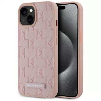 Karl Lagerfeld nahkainen Monogram Metal Logo MagSafe -kotelo iPhone 15 pinkki