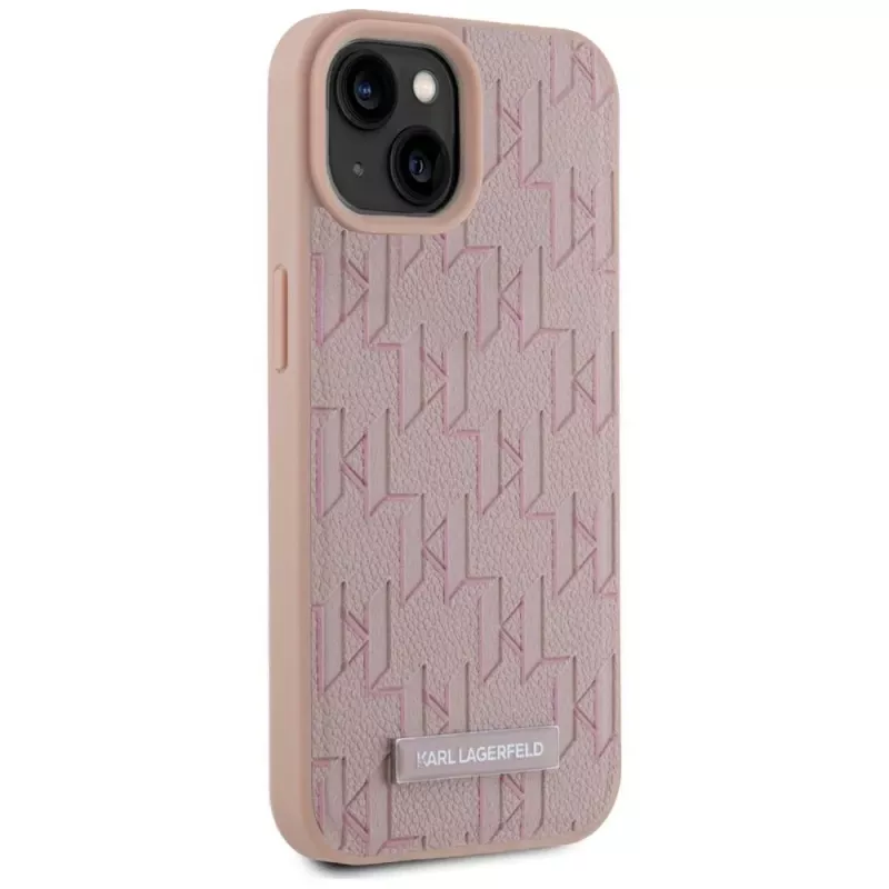 Karl Lagerfeld nahkainen Monogram Metal Logo MagSafe -kotelo iPhone 15 pinkki