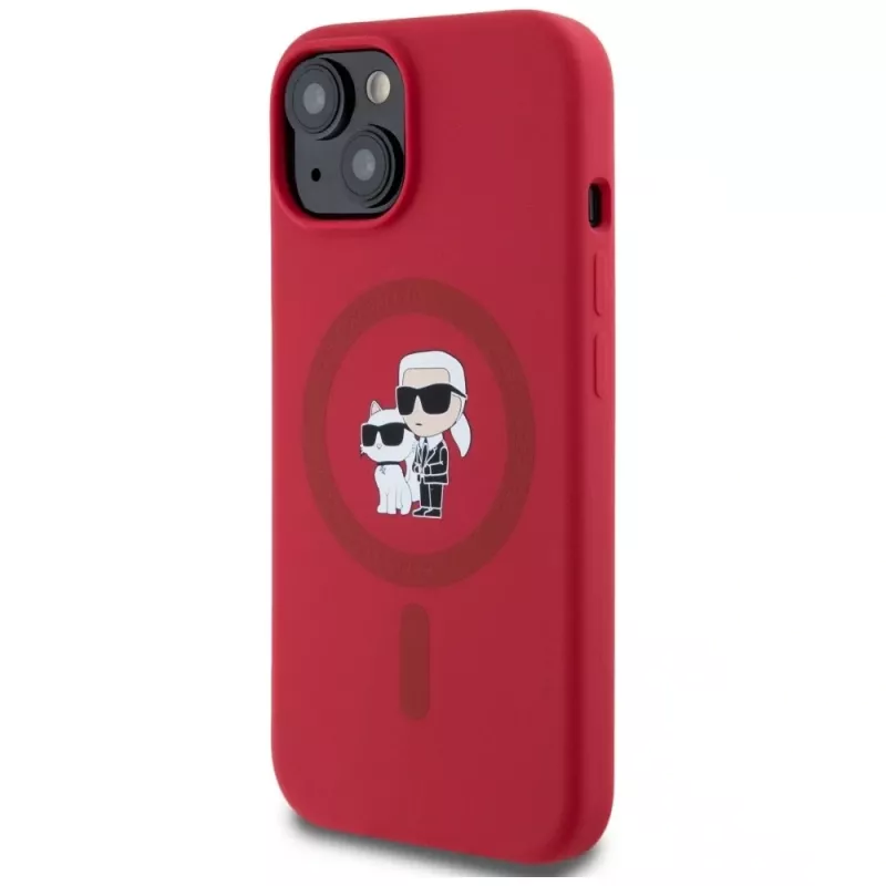 KARL LAGERFELD silikonikotelo iPhone 15 MagSafe ja ringpidike - Karl & Choupette Heads - punainen