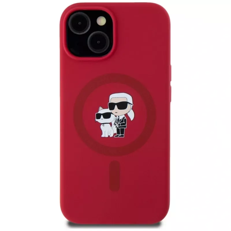 KARL LAGERFELD silikonikotelo iPhone 15 MagSafe ja ringpidike - Karl & Choupette Heads - punainen