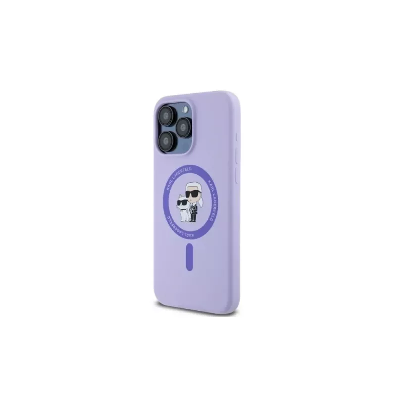 Karl Lagerfeld iPhone 15 Pro Max 6,7 inch violetti silikoninen kovakotelo Karl & Choupette -päillä ring MagSafe