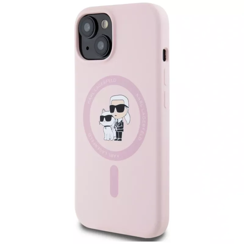 Karl Lagerfeld silikoninen Karl & Choupette MagSafe-kotelo iPhone 15 pinkki