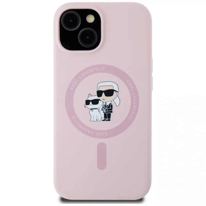 Karl Lagerfeld silikoninen Karl & Choupette MagSafe-kotelo iPhone 15 Plus pinkki