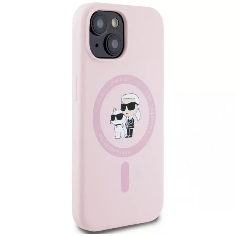 Karl Lagerfeld silikoninen Karl & Choupette MagSafe-kotelo iPhone 15 Plus pinkki