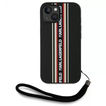 KARL LAGERFELD Saffiano Athleisure Stripes Cord -kotelo iPhone 15, musta-punainen