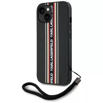 KARL LAGERFELD Saffiano Athleisure Stripes Cord -kotelo iPhone 15, musta-punainen