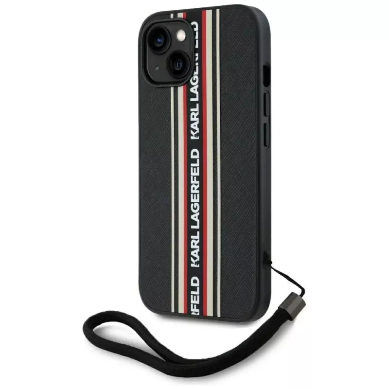KARL LAGERFELD Saffiano Athleisure Stripes Cord -kotelo iPhone 15, musta-punainen