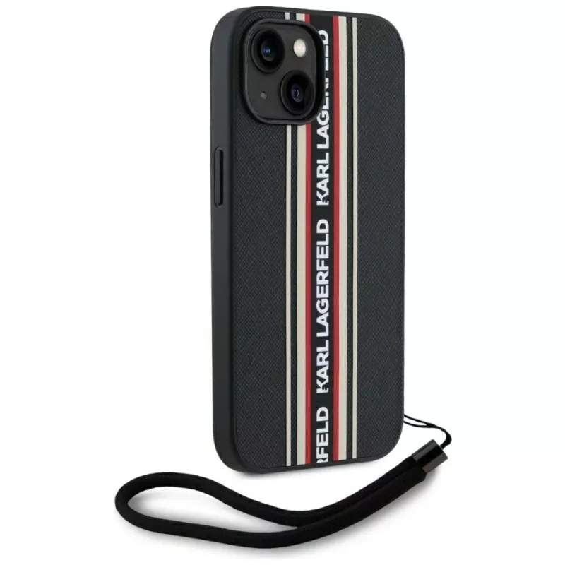 KARL LAGERFELD Saffiano Athleisure Stripes Cord -kotelo iPhone 15, musta-punainen