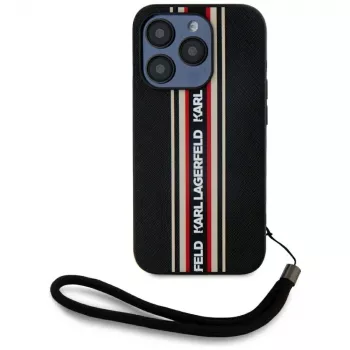 KARL LAGERFELD Saffiano Athleisure Stripes Cord -kotelo iPhone 15 Pro, musta/punainen