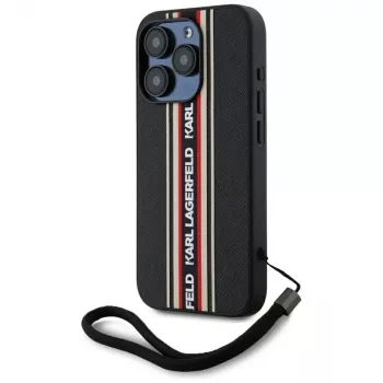KARL LAGERFELD Saffiano Athleisure Stripes Cord -kotelo iPhone 15 Pro, musta/punainen