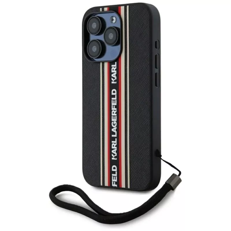 KARL LAGERFELD Saffiano Athleisure Stripes Cord -kotelo iPhone 15 Pro, musta/punainen