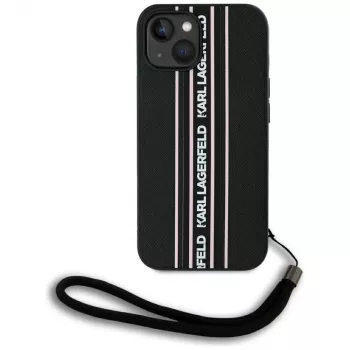Karl Lagerfeld Saffiano Athleisure Stripes Cord -kotelo iPhone 15, musta-pinkki