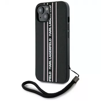 Karl Lagerfeld Saffiano Athleisure Stripes Cord -kotelo iPhone 15, musta-pinkki