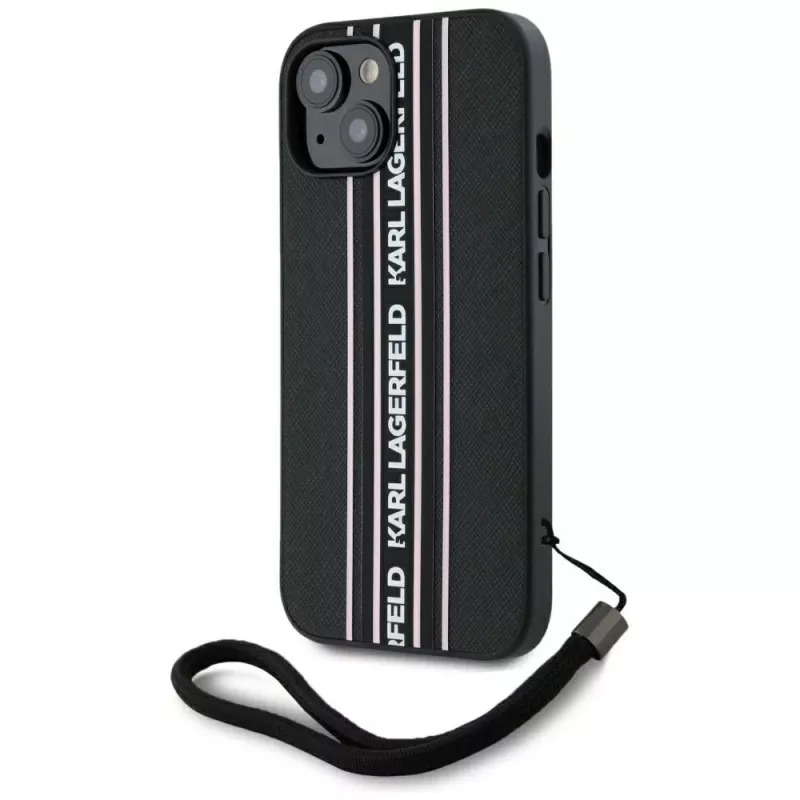 Karl Lagerfeld Saffiano Athleisure Stripes Cord -kotelo iPhone 15, musta-pinkki