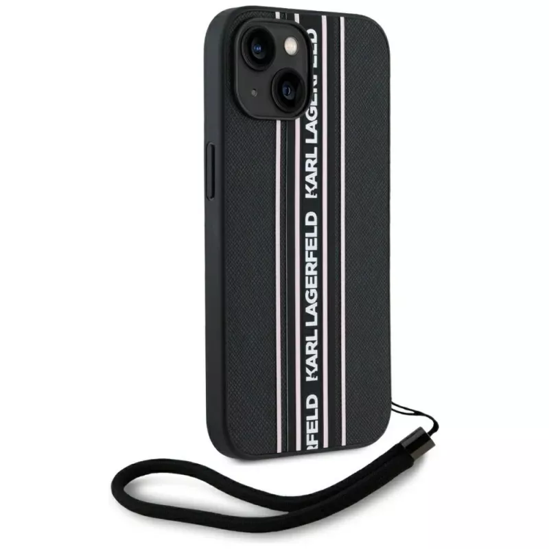 Karl Lagerfeld Saffiano Athleisure Stripes Cord -kotelo iPhone 15, musta-pinkki