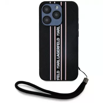 KARL LAGERFELD Saffiano Athleisure Stripes Cord -kotelo iPhone 15 Pro, musta/vaaleanpunainen