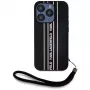 KARL LAGERFELD Saffiano Athleisure Stripes Cord -kotelo iPhone 15 Pro, musta/vaaleanpunainen