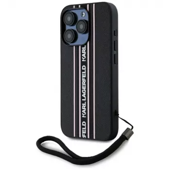 KARL LAGERFELD Saffiano Athleisure Stripes Cord -kotelo iPhone 15 Pro, musta/vaaleanpunainen
