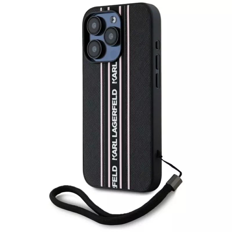KARL LAGERFELD Saffiano Athleisure Stripes Cord -kotelo iPhone 15 Pro, musta/vaaleanpunainen