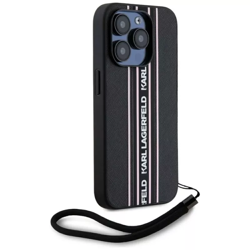 KARL LAGERFELD Saffiano Athleisure Stripes Cord -kotelo iPhone 15 Pro, musta/vaaleanpunainen