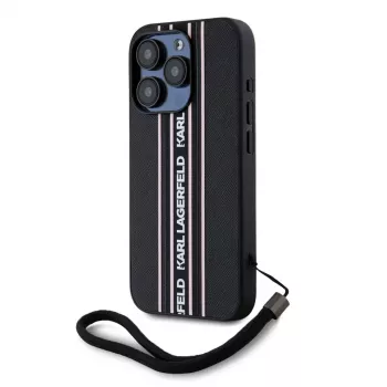 Karl Lagerfeld Saffiano Athleisure Stripes Cord -kotelo iPhone 15 Pro Max musta pinkki