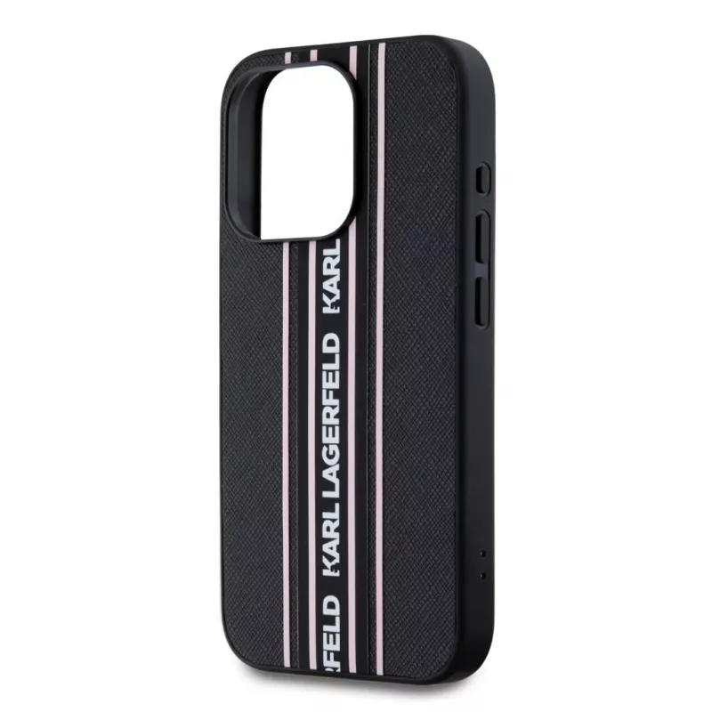Karl Lagerfeld Saffiano Athleisure Stripes Cord -kotelo iPhone 15 Pro Max musta pinkki