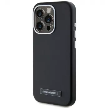 KARL LAGERFELD Metal Plate MagSafe -kotelo iPhone 15 Pro, musta