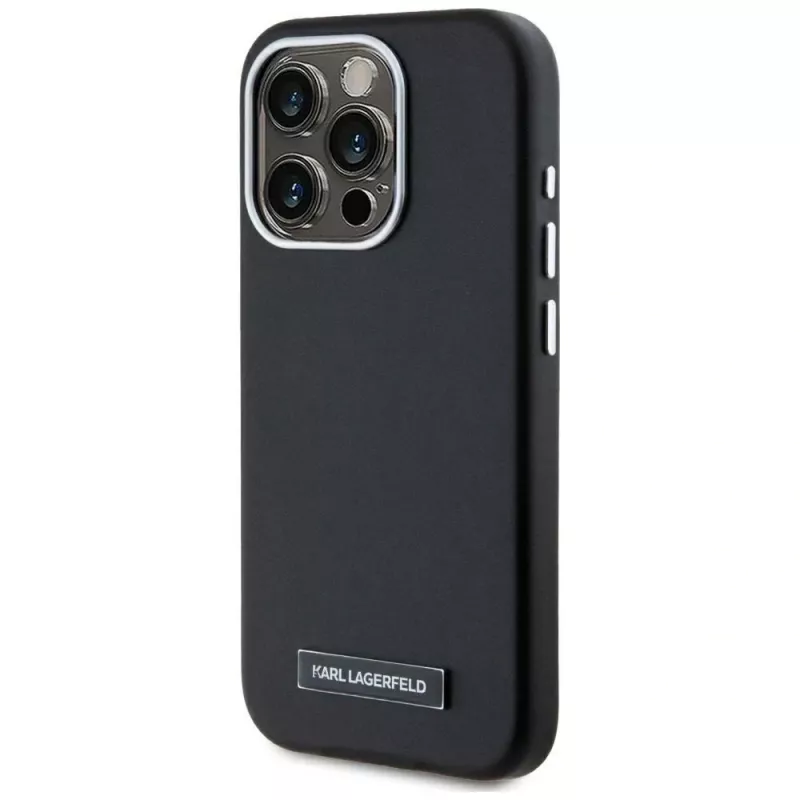 KARL LAGERFELD Metal Plate MagSafe -kotelo iPhone 15 Pro, musta