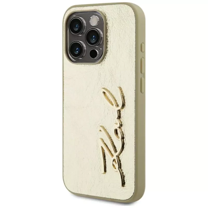 KARL LAGERFELD Wrinkled Metal Signature -kotelo iPhone 15 Pro - kulta