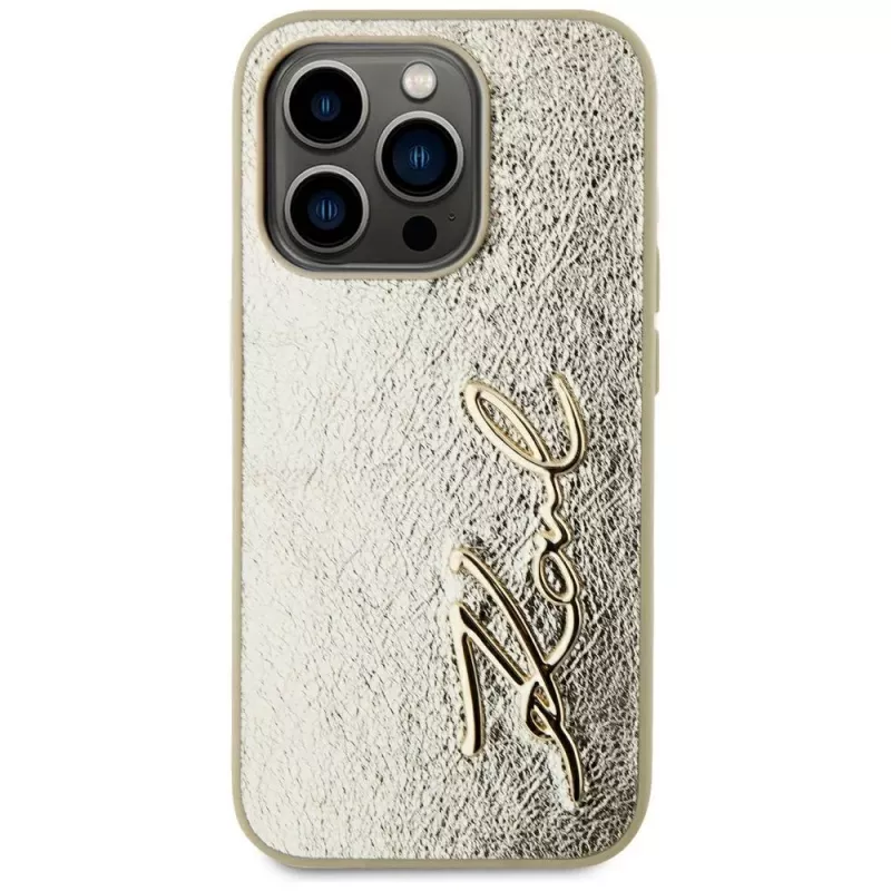 KARL LAGERFELD Wrinkled Metal Signature -kotelo iPhone 15 Pro - kulta