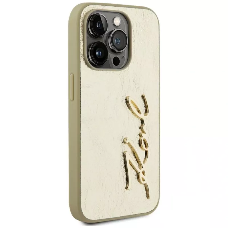 KARL LAGERFELD Wrinkled Metal Signature -kotelo iPhone 15 Pro - kulta