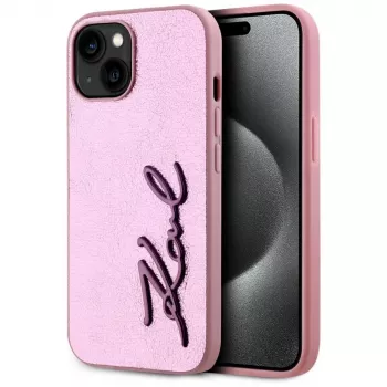 KARL LAGERFELD Wrinkled Metal Signature -takakansi Apple iPhone 15, pinkki