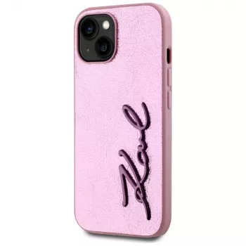 KARL LAGERFELD Wrinkled Metal Signature -takakansi Apple iPhone 15, pinkki