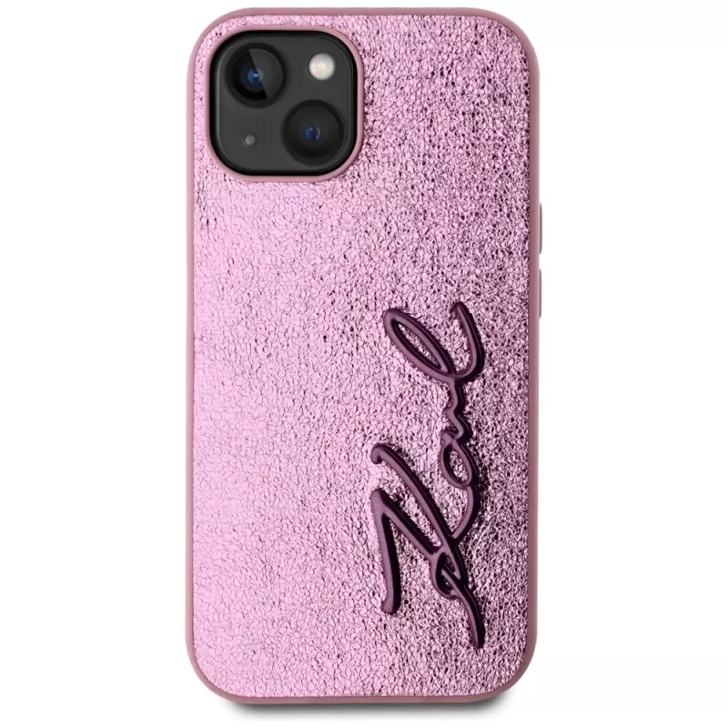 KARL LAGERFELD Wrinkled Metal Signature -takakansi Apple iPhone 15, pinkki