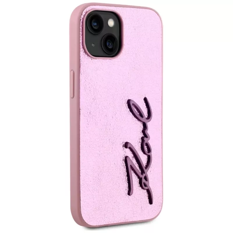 KARL LAGERFELD Wrinkled Metal Signature -takakansi Apple iPhone 15, pinkki