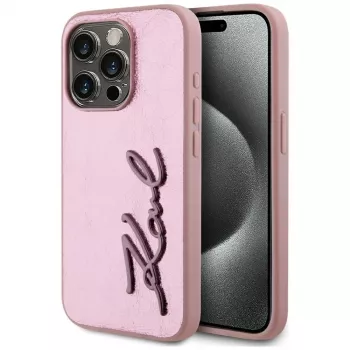 Karl Lagerfeld Wrinkled Metal Signature -kotelo iPhone 15 Pro, pinkki