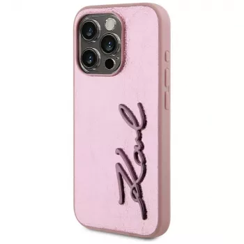 Karl Lagerfeld Wrinkled Metal Signature -kotelo iPhone 15 Pro, pinkki