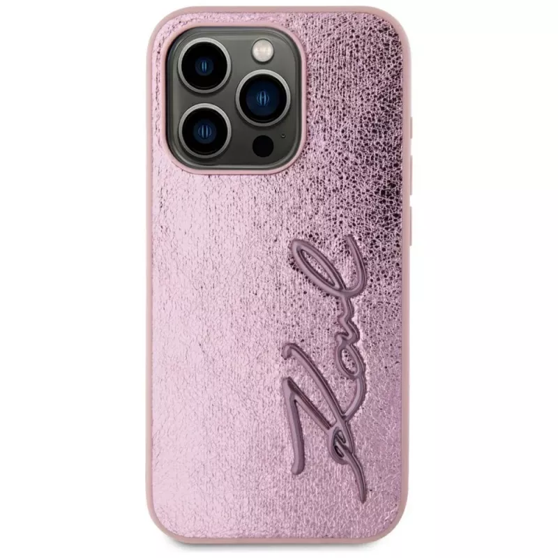 Karl Lagerfeld Wrinkled Metal Signature -kotelo iPhone 15 Pro, pinkki