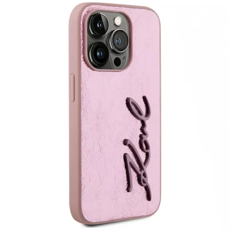 Karl Lagerfeld Wrinkled Metal Signature -kotelo iPhone 15 Pro, pinkki