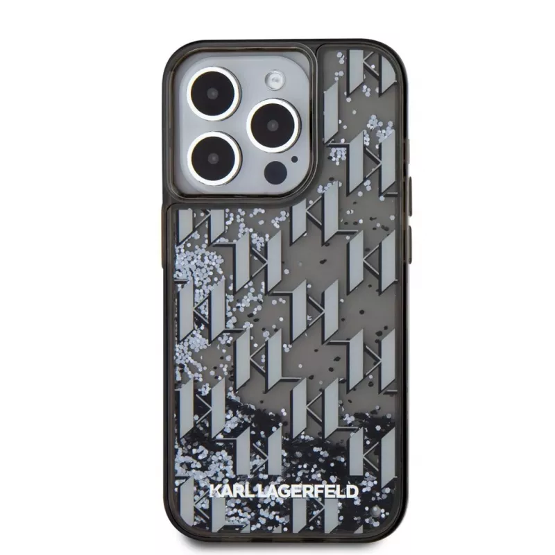 KARL LAGERFELD Liquid Glitter Monogram Gradient -takakansi Apple iPhone 15 Pro, musta