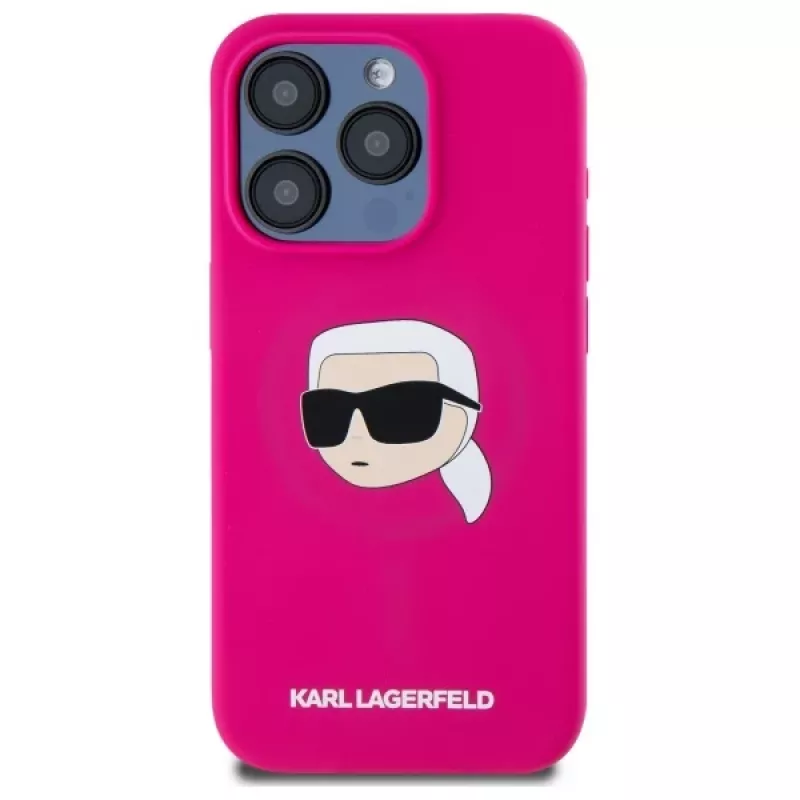 Karl Lagerfeld iPhone 15 Pro 6,1 inch silikoninen hardcase Karl-pääpainatuksella, MagSafe - fuksia