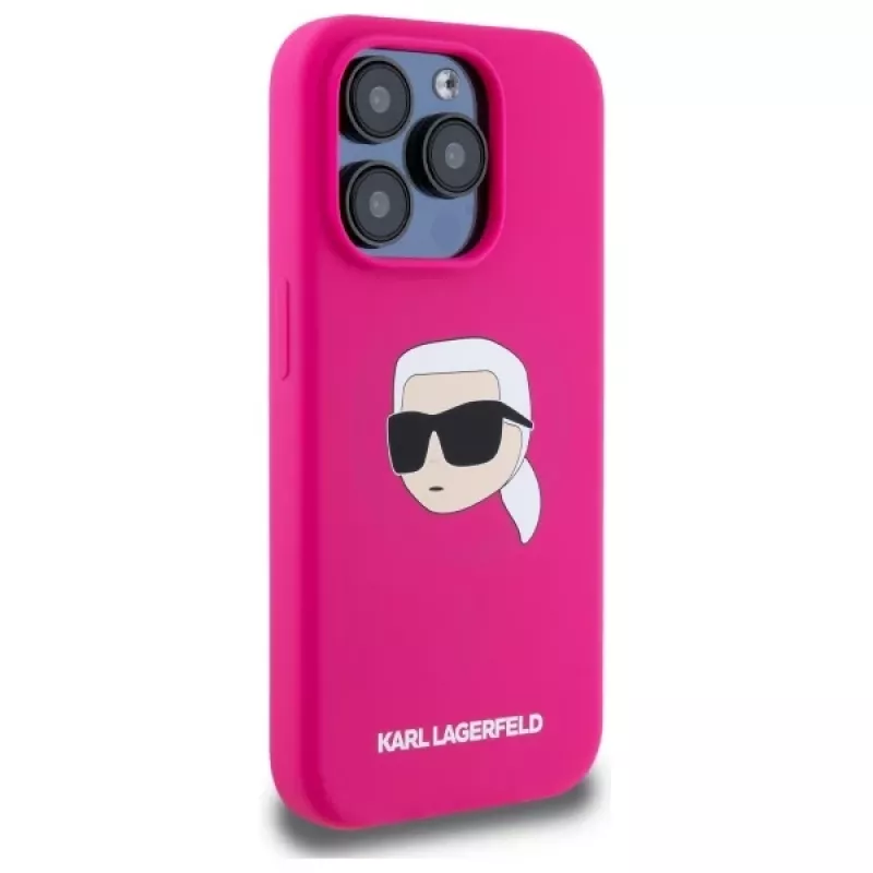 Karl Lagerfeld iPhone 15 Pro 6,1 inch silikoninen hardcase Karl-pääpainatuksella, MagSafe - fuksia